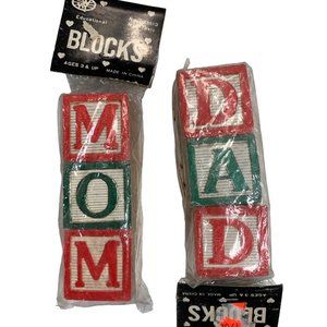 Vintage Set of 2 Wood Blocks Mom Dad Size 1" Craft Child Educational Learning